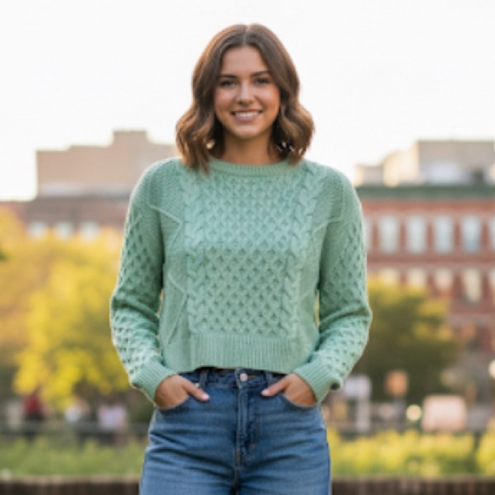 FUTURE COLLECTIVE reese Blutstein Green cropped cable knit sweater pullover S